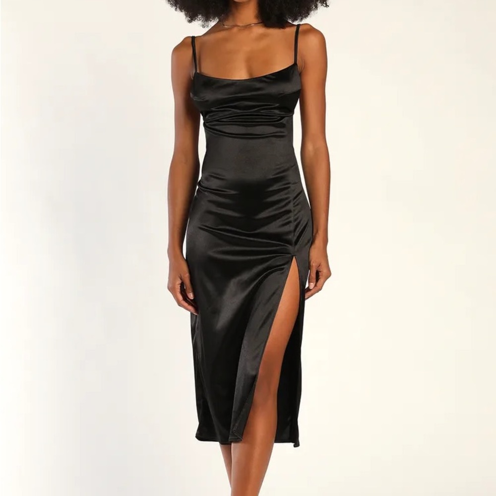 Lulus Glammed Up Gal Black Satin Backless Sleeveless Midi Dress